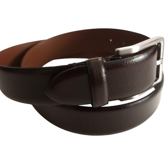 Johnston & Murphy Mens 34 Feathered Edge Brown Leather Belt Nickle Buckle Italy - Picture 2 of 6